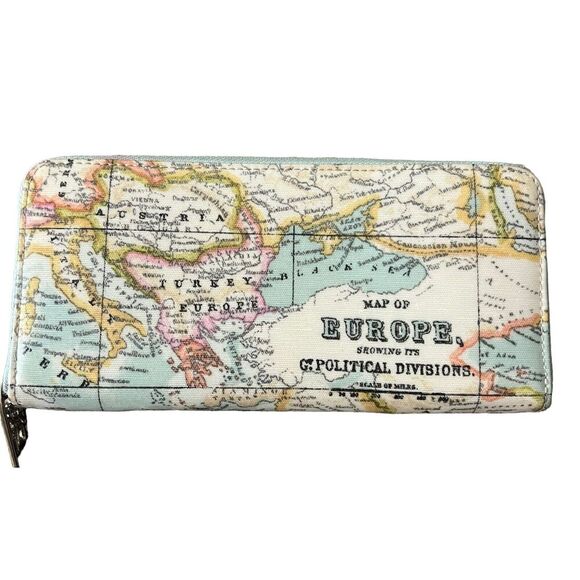 Think Bee Handbags - Think Bee Japanese World Map Globe Long Wallet Zip Up Coated Canvas Light Blue